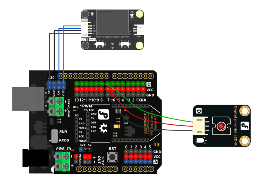 Diagrama de cableado del módulo de reconocimiento de voz, Arduino Uno y módulo de luz LED-I2C