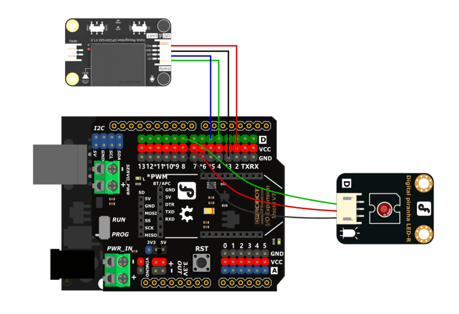 Diagrama de cableado del módulo de reconocimiento de voz, Arduino Uno y módulo de luz LED - UART