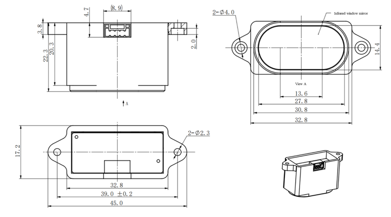 SDM15 ToF Single-Point Ranging LiDAR Sensor Product Dimension Diagram