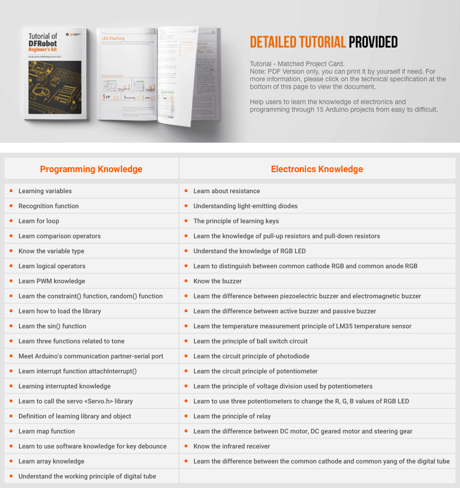 Tutorial PDF of 15 Arduino IDE compatible projects by DFRobot