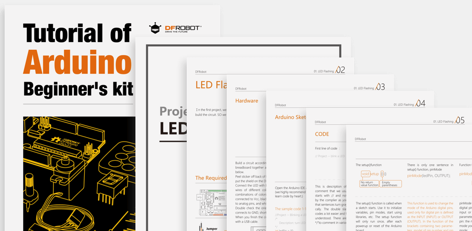 Tutorial PDF of 15 Arduino IDE compatible projects by DFRobot