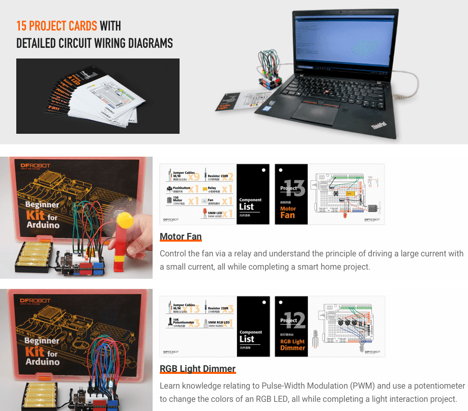 DFRobot 15 Project Cards with detailed circuit wiring diagrams