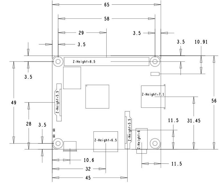 Raspberry Pi 3 Model A+ (E14) Dimension Diagram