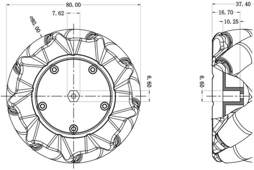 Dimensiones de la rueda mecanum