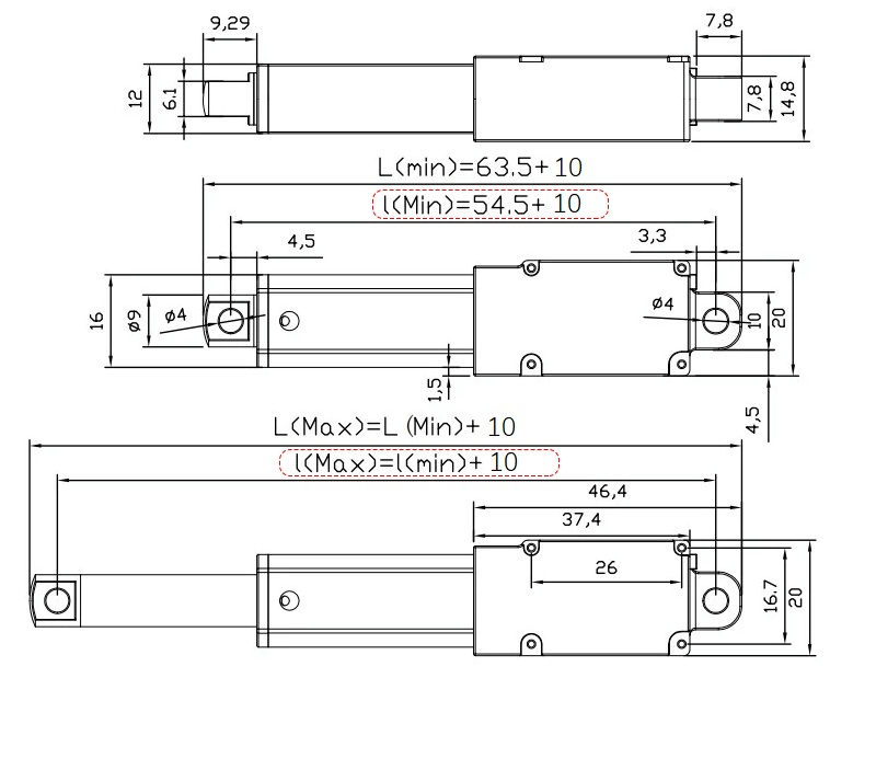 6V elektrische duwstang 10mm-128N