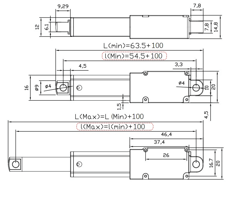 6V elektrische duwstang 100mm-128N