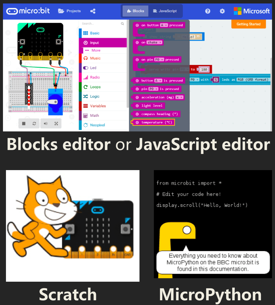 Program Max:Bot with Scratch, MakeCode block editor, Python or JavaScript